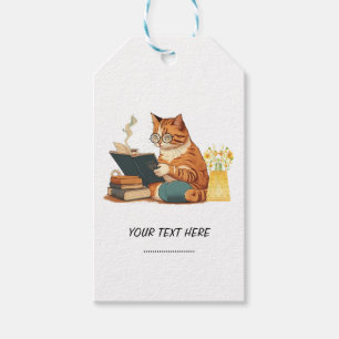 Étiquettes-cadeau maman chat mignon lisant un livre et buvant du caf