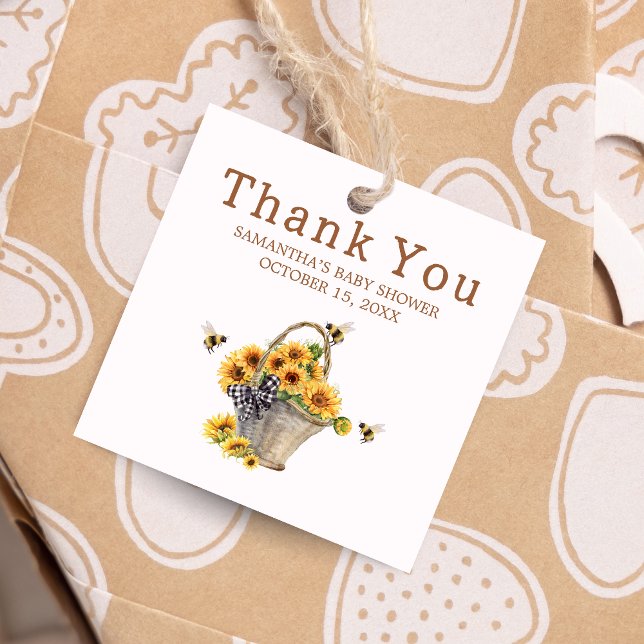 Étiquettes Cadeau Maman to Bee Baby shower Carré (Mommy to Bee Sunflower Baby Shower Favor Tags)