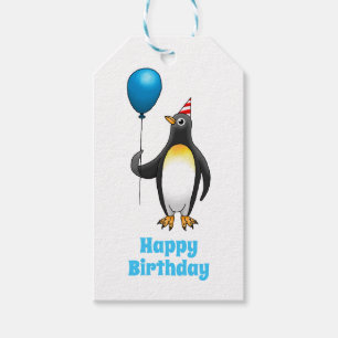 Étiquettes-cadeau Manchot avec un ballon bleu et un chapeau de fête