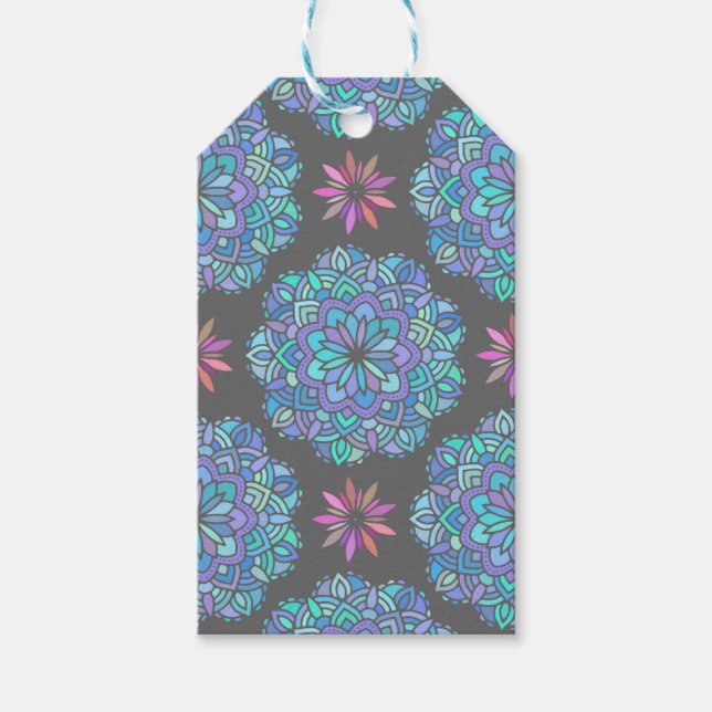 Étiquettes-cadeau Mandala de fleur bleue (Devant)