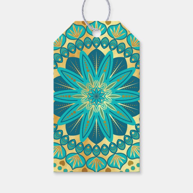 Étiquettes-cadeau Mandala Fleur d'Or Bleu (Devant)