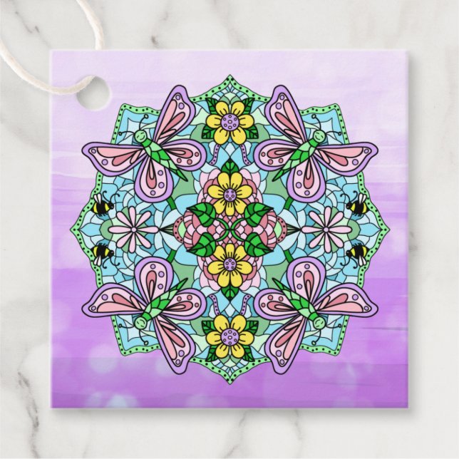 Étiquettes Cadeau Mandala, Papillon blanc violet tiré à la main (Devant)