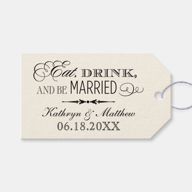 Étiquettes-cadeau Mangez Boire et être marié Mariage noir Monogramme (Devant (Horizontal))