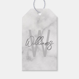 Étiquettes-cadeau Marbre blanc Script Monogramme personnalisé et nom