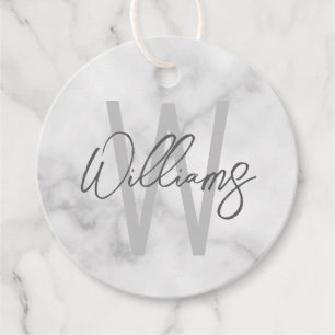 Étiquettes Cadeau Marbre blanc Script Monogramme personnalisé et nom