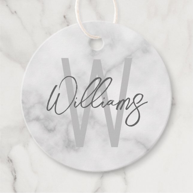 Étiquettes Cadeau Marbre blanc Script Monogramme personnalisé et nom (Devant)