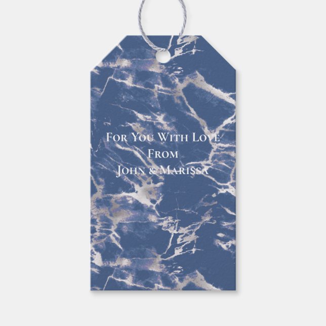 Étiquettes-cadeau Marbre d'argent bleu (Devant)