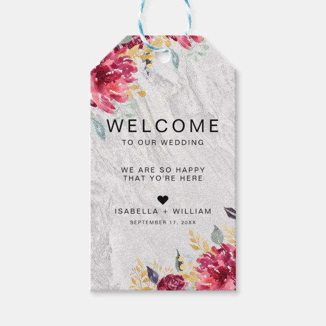 Étiquettes-cadeau Marbre d'argent Floral or Mariage Bourgogne (Devant)