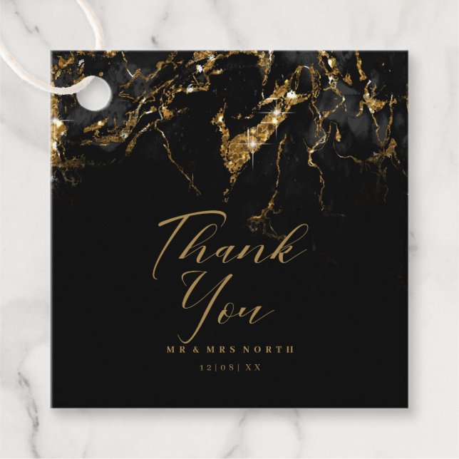 Étiquettes Cadeau Marbre Parties scintillant Mariage Merci Black Gol (Devant)