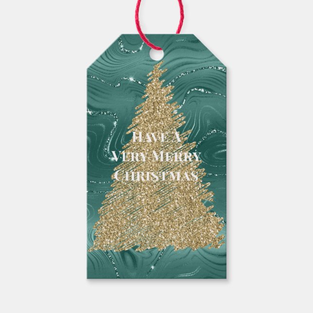 Étiquettes-cadeau Marbre vert Parties scintillant or Arbre de Noël (Devant)