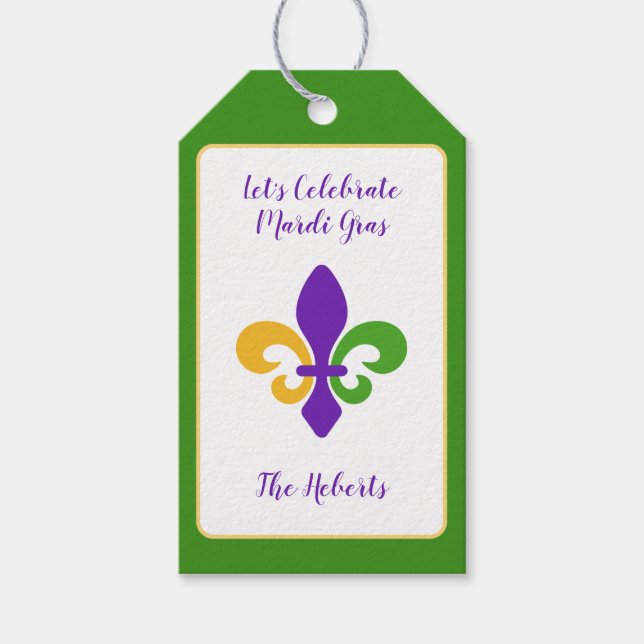 Étiquettes-cadeau Mardi Gras NOM Vert Or Violet Fleur de Lis (Devant)