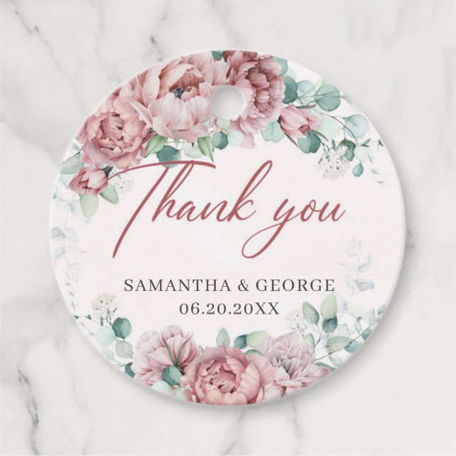 Étiquettes Cadeau Mariage à cadre d'or d'eucalyptus rose (Devant)