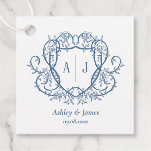 Étiquettes Cadeau Mariage à la Crête de Monogramme en Acier Bleu de 