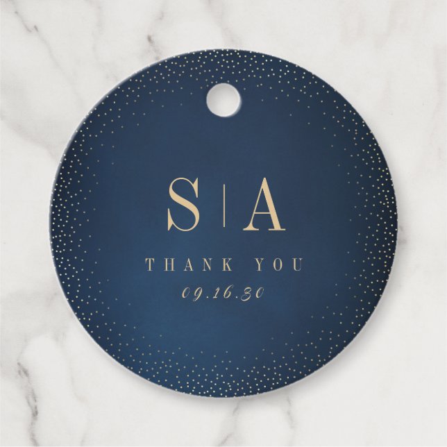 Étiquettes Cadeau Mariage à monogramme sophistiqué pailleté or et ma (Devant)