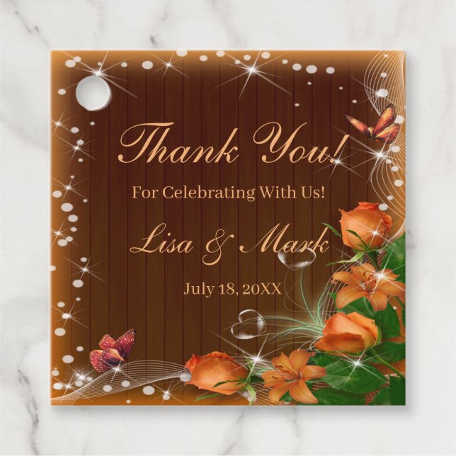 Étiquettes Cadeau Mariage à papillon floral en bois foncé rustique (Devant)