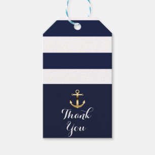 Étiquettes-cadeau Mariage à rayures nautiques d'ancre blanche et or