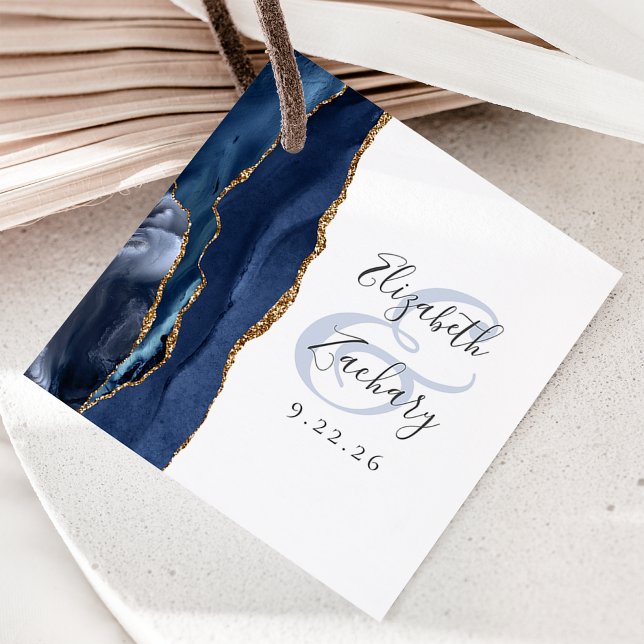 Étiquettes Cadeau Mariage Agate Géode Écriture Bleu Nuit Or (Créateur téléchargé)