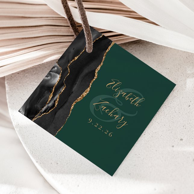 Étiquettes Cadeau Mariage Agate Script Noir Or Emeraude Vert (Créateur téléchargé)