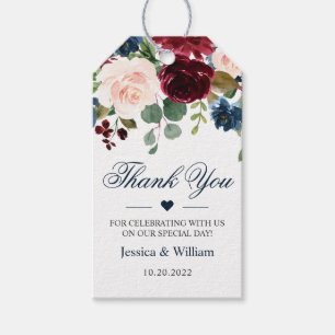 Étiquettes-cadeau Mariage aquarelle floral burgundy bleu marine blus