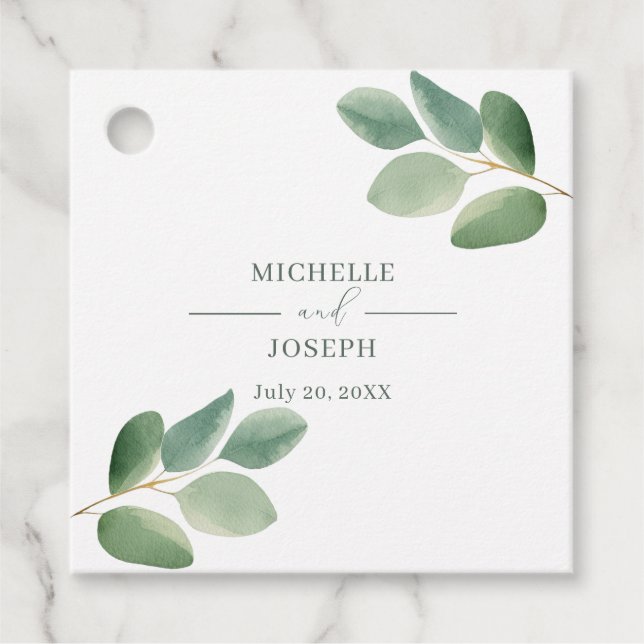 Étiquettes Cadeau Mariage aquarelle vert sauge eucalyptus (Devant)