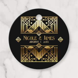 Étiquettes Cadeau Mariage Art Déco noir et or
