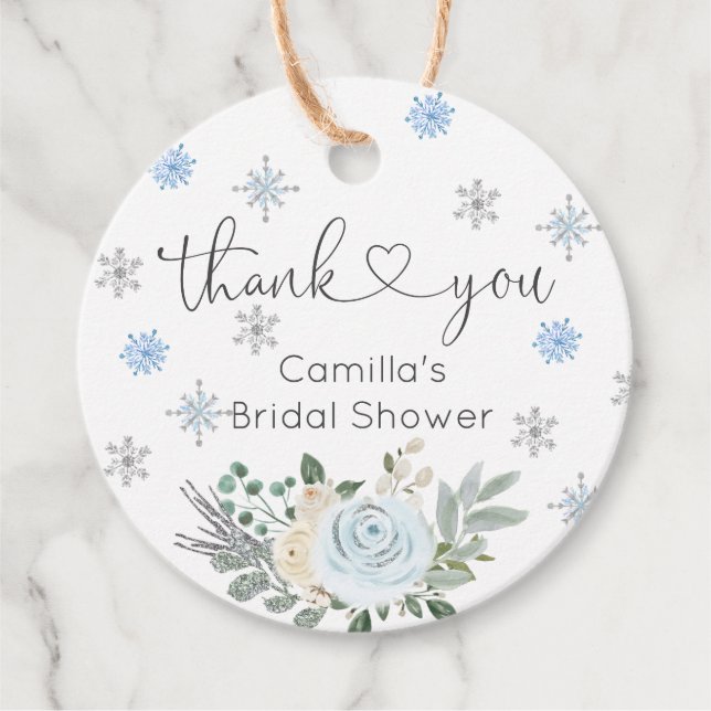 Étiquettes Cadeau Mariage Blanc Floral Flocon de Neige Shower d'Hive (Devant)