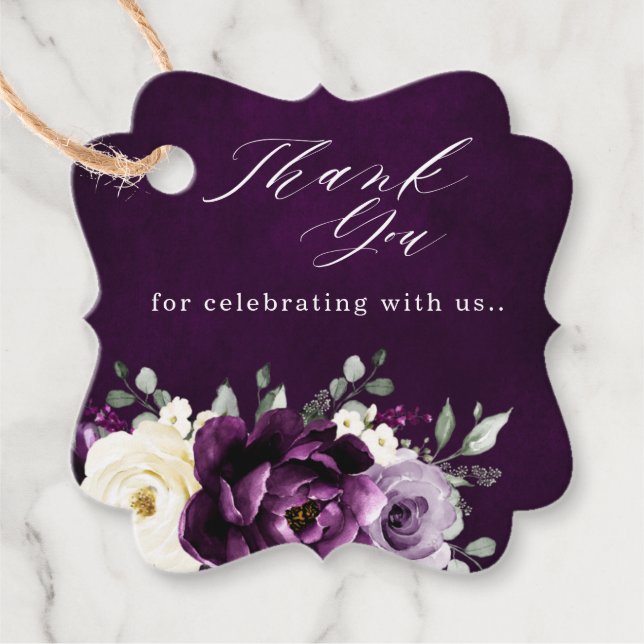 Étiquettes Cadeau Mariage blanc Merci blanc d'aubergine de prune vio (Devant)