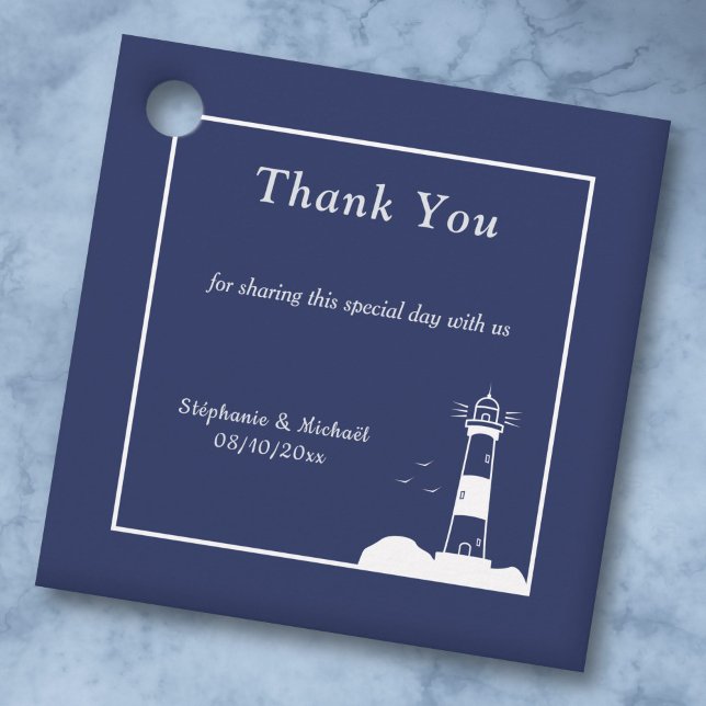 Étiquettes Cadeau Mariage  bleu de la marine phare Merci (Lighthouse Navy Blue Wedding Thank You Favor Tags)