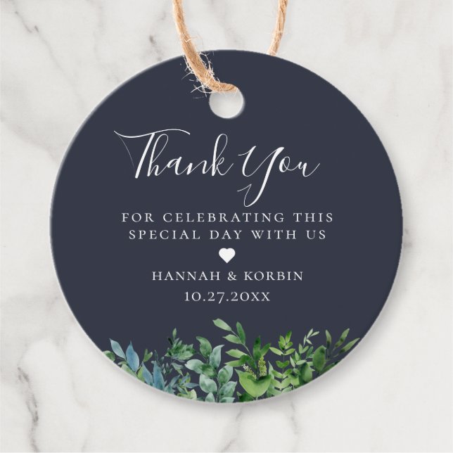Étiquettes Cadeau Mariage bleu marine Feuillage de forêt rustique (Devant)
