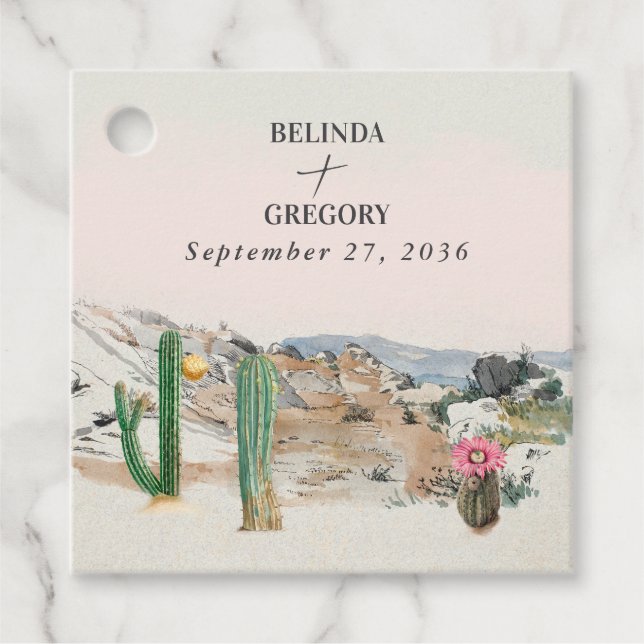 Étiquettes Cadeau Mariage bohème au cactus du désert à l'aquarelle (Devant)