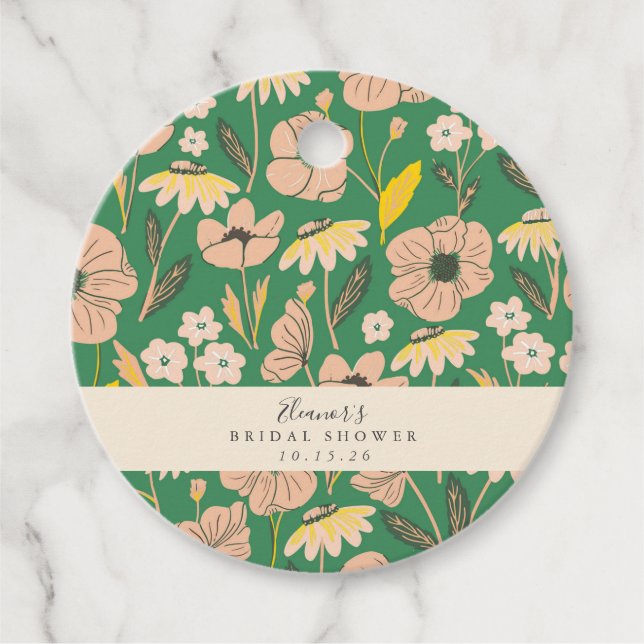 Étiquettes Cadeau Mariage Bohème Vintage Fleurs Vertes Personnalisé  (Devant)