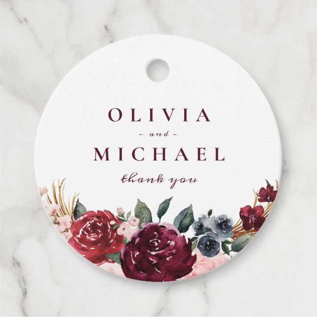 Étiquettes Cadeau Mariage boho rustique bordeaux aquarelle (Devant)