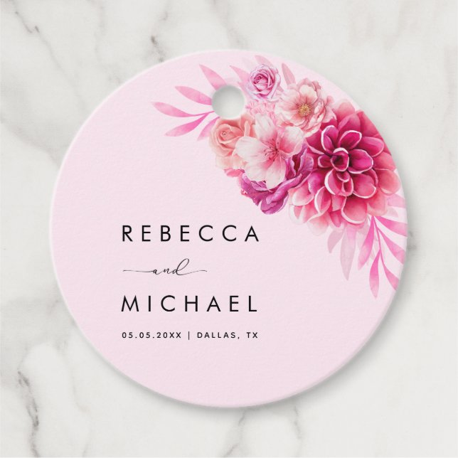 Étiquettes Cadeau Mariage botanique floral rose chaud vibrant (Devant)