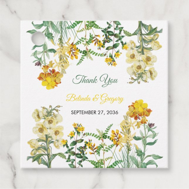 Étiquettes Cadeau Mariage botanique vintage jaune Aquarelle (Devant)