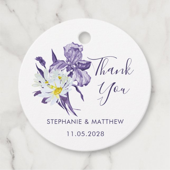Étiquettes Cadeau Mariage botanique violet Iris White Daisy Merci (Devant)