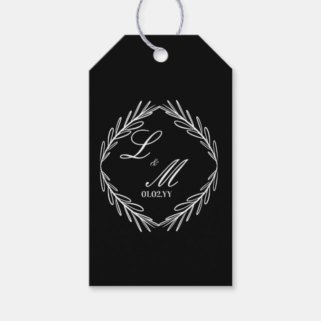 Étiquettes-cadeau Mariage Branche Script Monogramme Noir Blanc    (Devant)