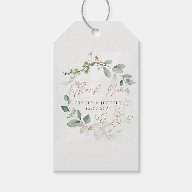 Étiquettes-cadeau Mariage Calligraphié Or Eucalyptus Rustique (Devant)
