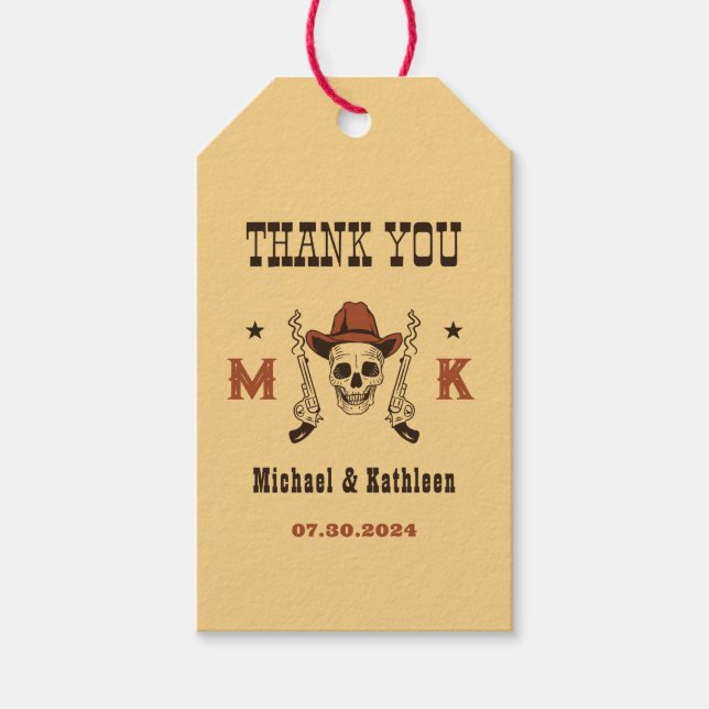 Étiquettes-cadeau Mariage campagnard de monogramme du crâne cowboy o (Devant)