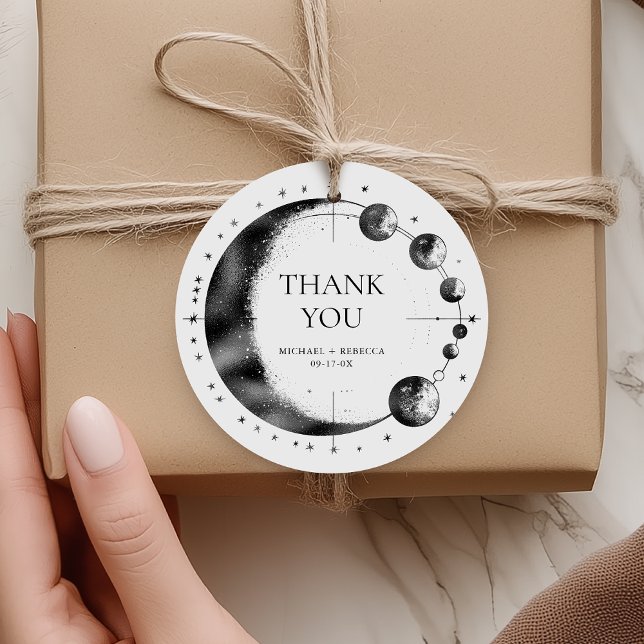 Étiquettes Cadeau Mariage céleste noir blanc Lune phase Merci (Créateur téléchargé)