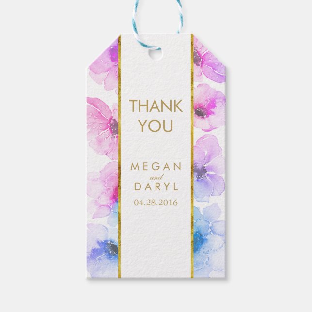 Étiquettes-cadeau Mariage chic bleu violet Floral Gold Frame (Devant)