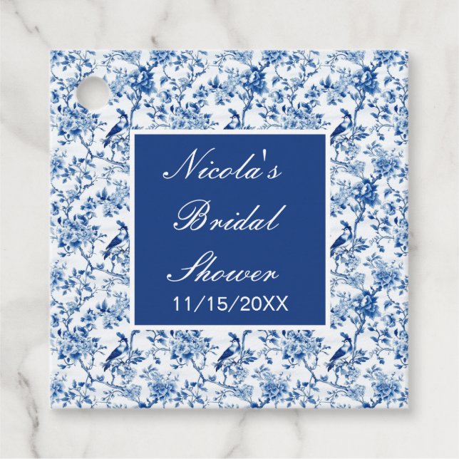 Étiquettes Cadeau Mariage Chinois Bleu Oiseaux et Fleurs Réception d (Devant)