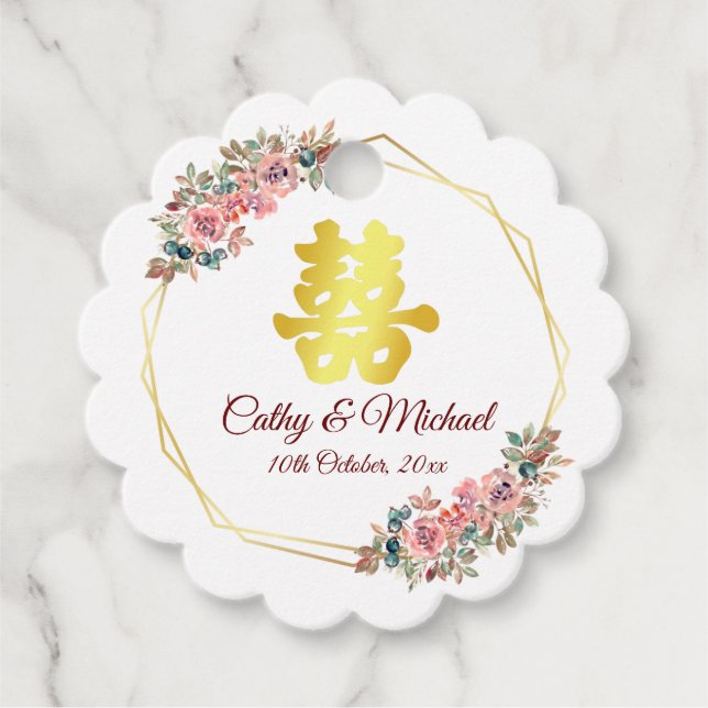 Étiquettes Cadeau Mariage chinois double bonheur fleur couronne (Devant)