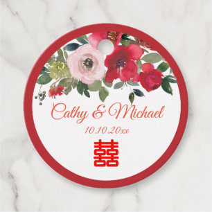 Étiquettes Cadeau Mariage chinois moderne floral aquarelle rose roug