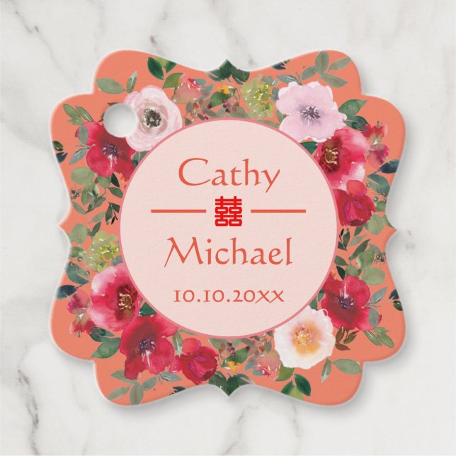 Étiquettes Cadeau Mariage chinois moderne orangé cercle fleuri (Devant)