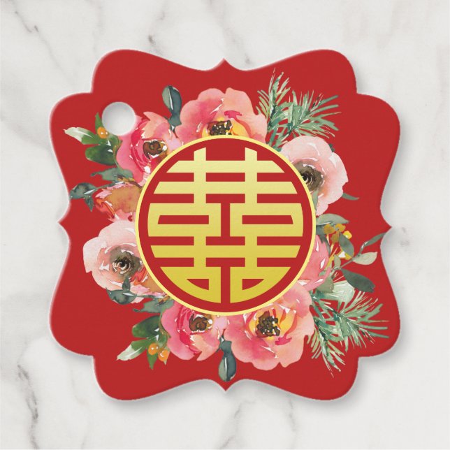 Étiquettes Cadeau Mariage chinois moderne rose fleuri grâce (Devant)