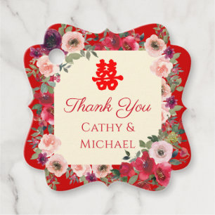 Étiquettes Cadeau Mariage chinois rouge jardin fleuri double bonheur