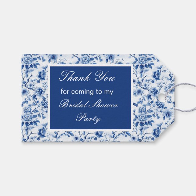 Étiquettes-cadeau Mariage Chinoiserie Oiseaux Bleus et Fleurs Shower (Devant (Horizontal))
