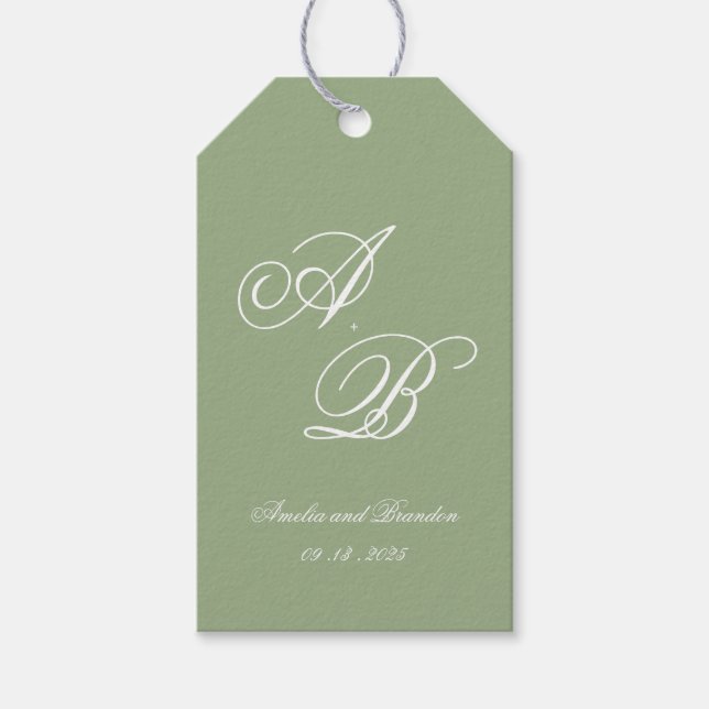 Étiquettes-cadeau Mariage Classique Vert Sauge & Blanc Monogramme Sc (Devant)