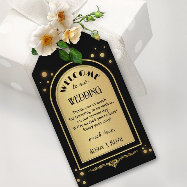 Étiquettes-cadeau Mariage Confetti en or noir (Retro art deco wedding favor gift tag featuring a gold and black design with sparkling confetti dots)