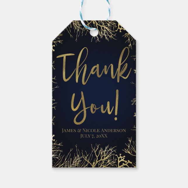Étiquettes-cadeau Mariage Corail Elégant Or et Bleu Nuit (Devant)